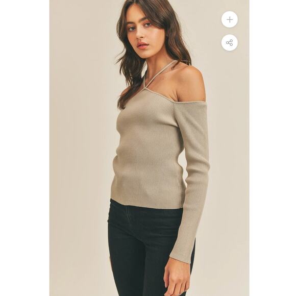 Mable ANTHRO small Monroe mocha tan off shoulder long sleeve crop strap ribbed - Picture 11 of 12